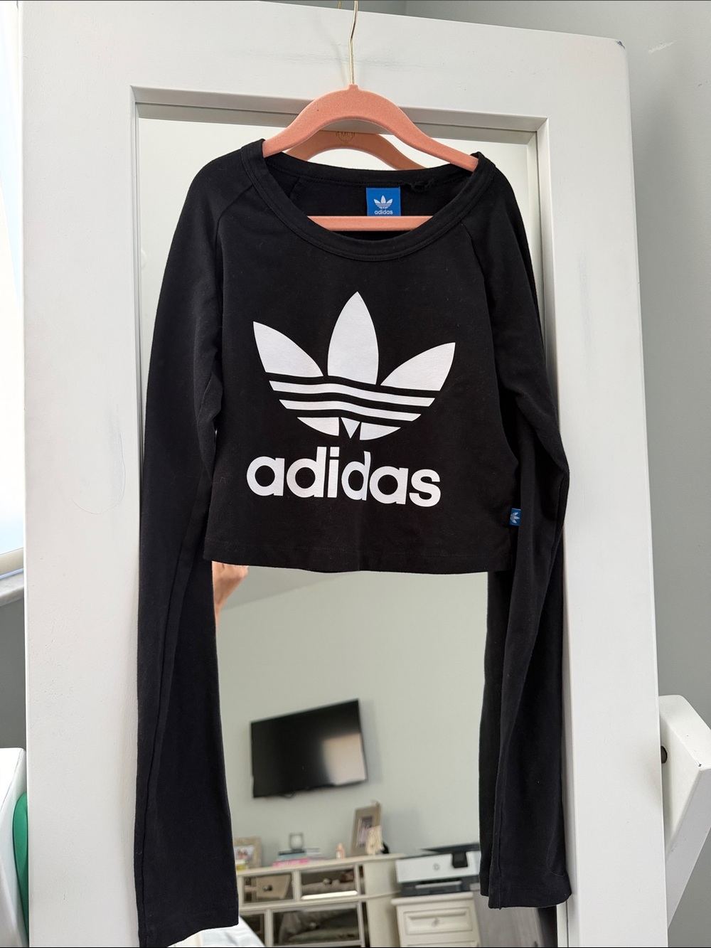 adidas Black Long-Sleeve Crop Top with White Trefoil